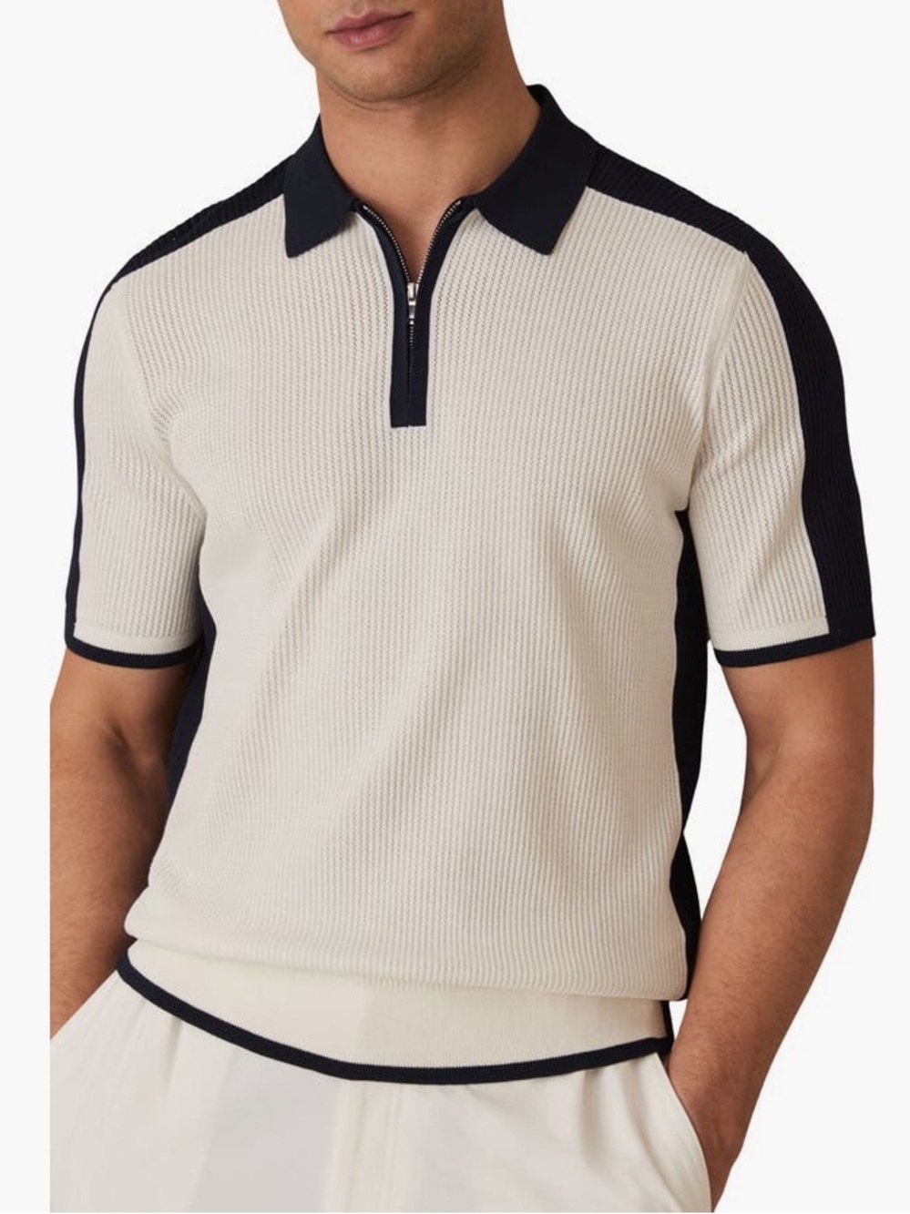 Reiss White and Black Ribbed Colorblock Zip Polo